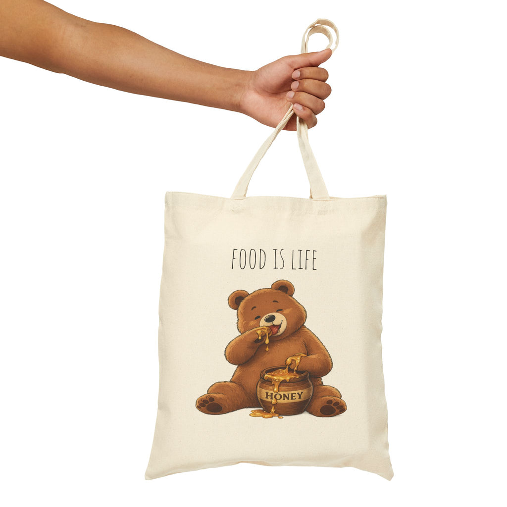 Food Is Life Cute Bear Tote Bag | Honey Bear Cotton Canvas Tote | Reusable Shopping Bag | Cute Foodie Gift