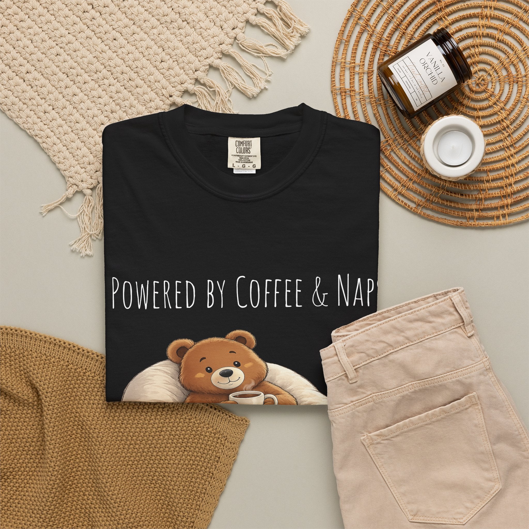 Powered by Coffee & Naps Bear T-Shirt | Cute Cozy Bear Unisex Graphic Tee | Coffee Lover Gift
