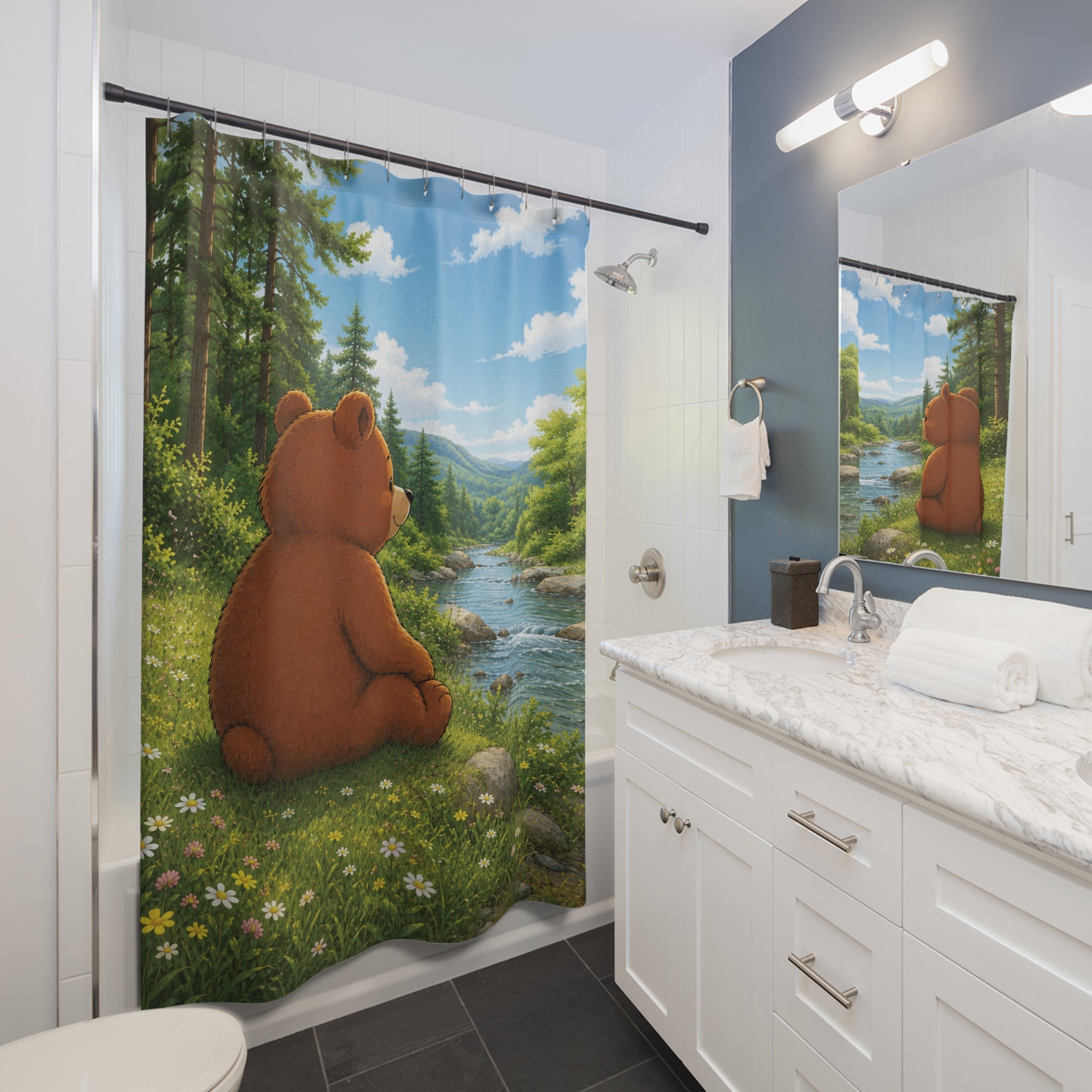 Cute Bear Shower Curtain | Woodland Forest Bathroom Decor | Nature Bath Curtain | Rustic Cabin Bathroom | Cottagecore Home Decor