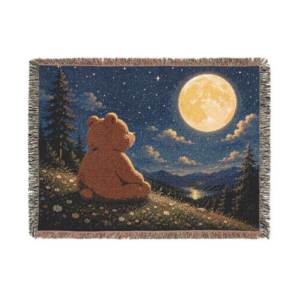 Cozy Bear Woven Blanket, Scenic Bear Tapestry Blanket, Cute Bear Moonlight, Rustic Cabin Decor, Woodland Bear Gift, Cozy Home Blanket