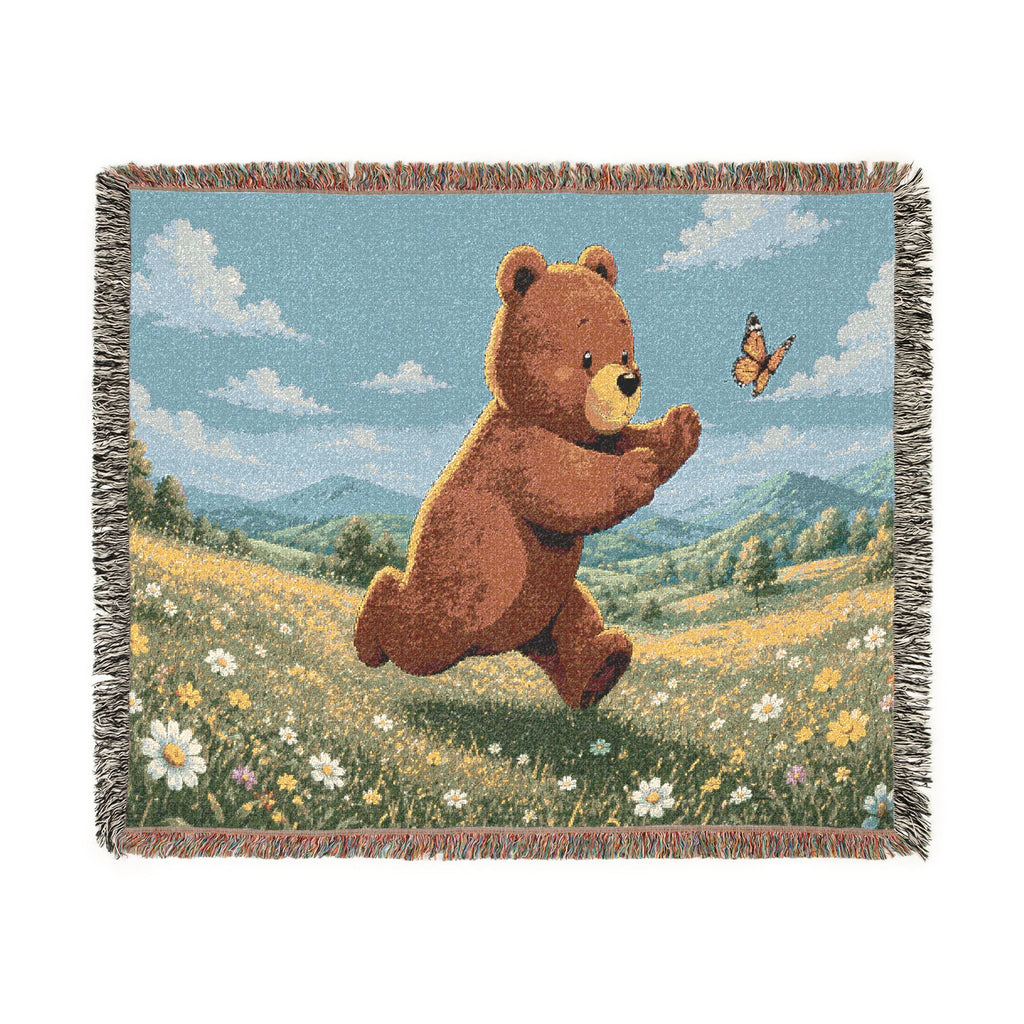 Cozy Bear chasing butterfly Woven Blanket, Scenic Bear Tapestry Blanket, Rustic Cabin Decor, Woodland Bear Gift, Cozy Home Blanket