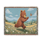 Cozy Bear chasing butterfly Woven Blanket, Scenic Bear Tapestry Blanket, Rustic Cabin Decor, Woodland Bear Gift, Cozy Home Blanket