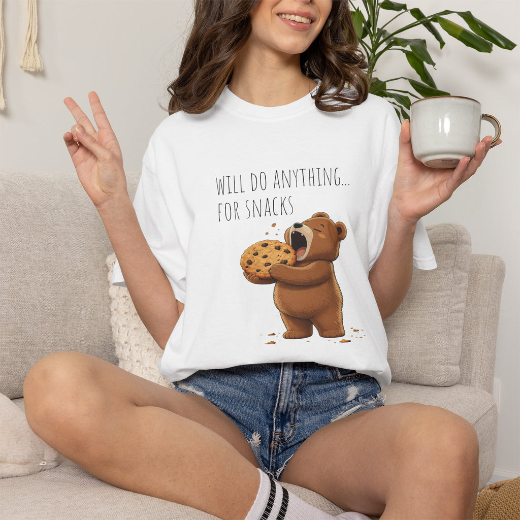 Will Do Anything for Snacks Bear Shirt | Funny Foodie T-Shirt | Cute Bear Graphic Tee | Gift for Snack Lovers
