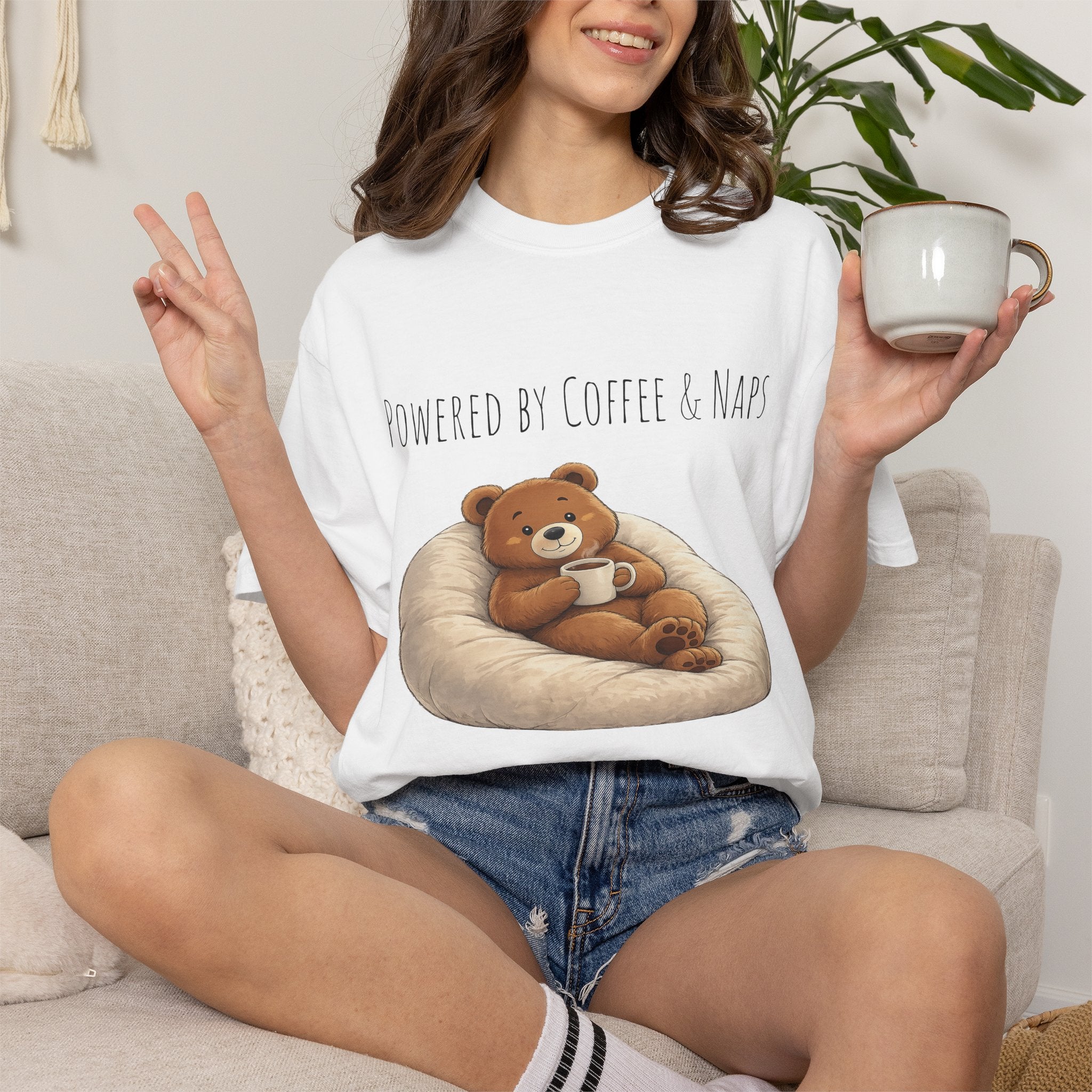 Powered by Coffee & Naps Bear T-Shirt | Cute Cozy Bear Unisex Graphic Tee | Coffee Lover Gift