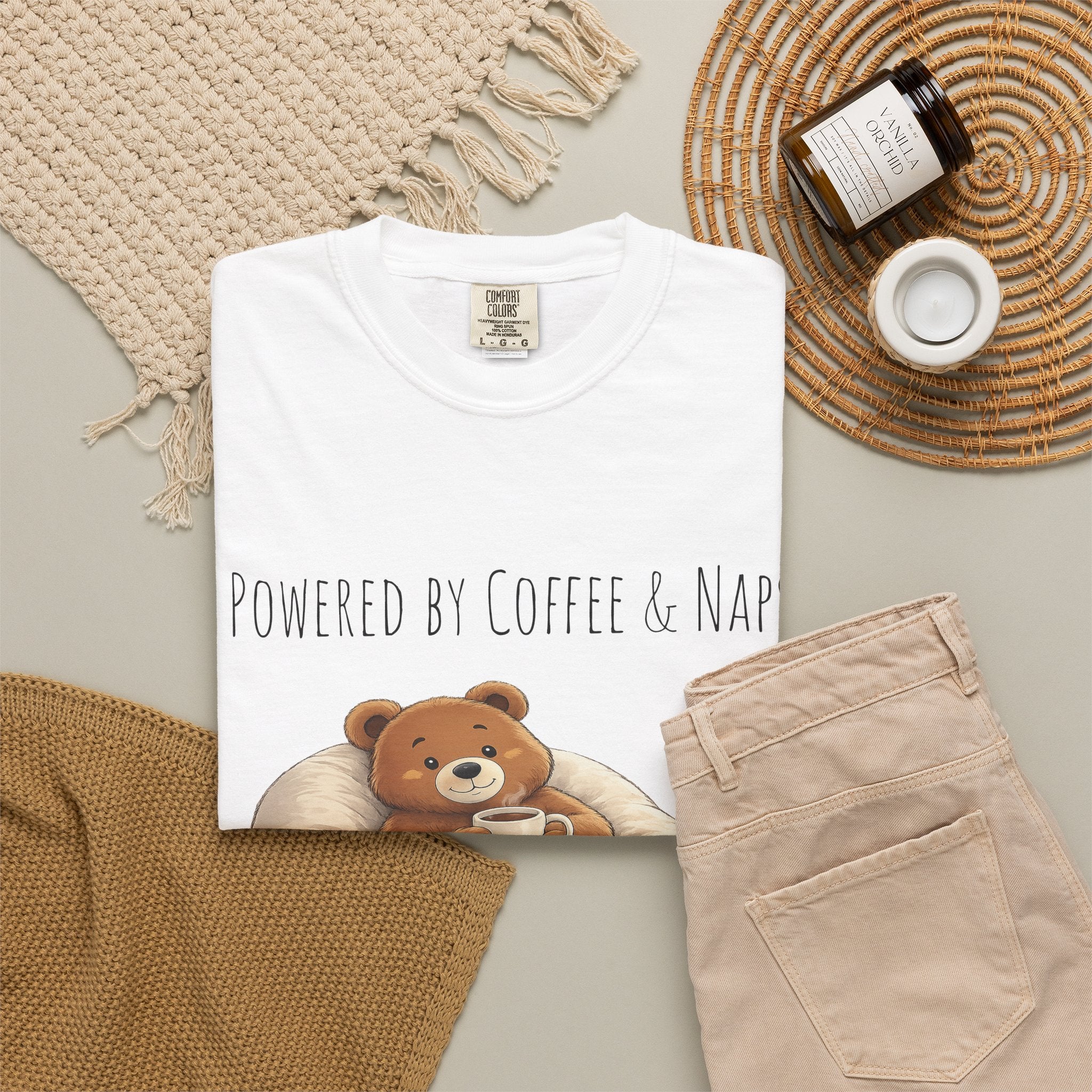 Powered by Coffee & Naps Bear T-Shirt | Cute Cozy Bear Unisex Graphic Tee | Coffee Lover Gift