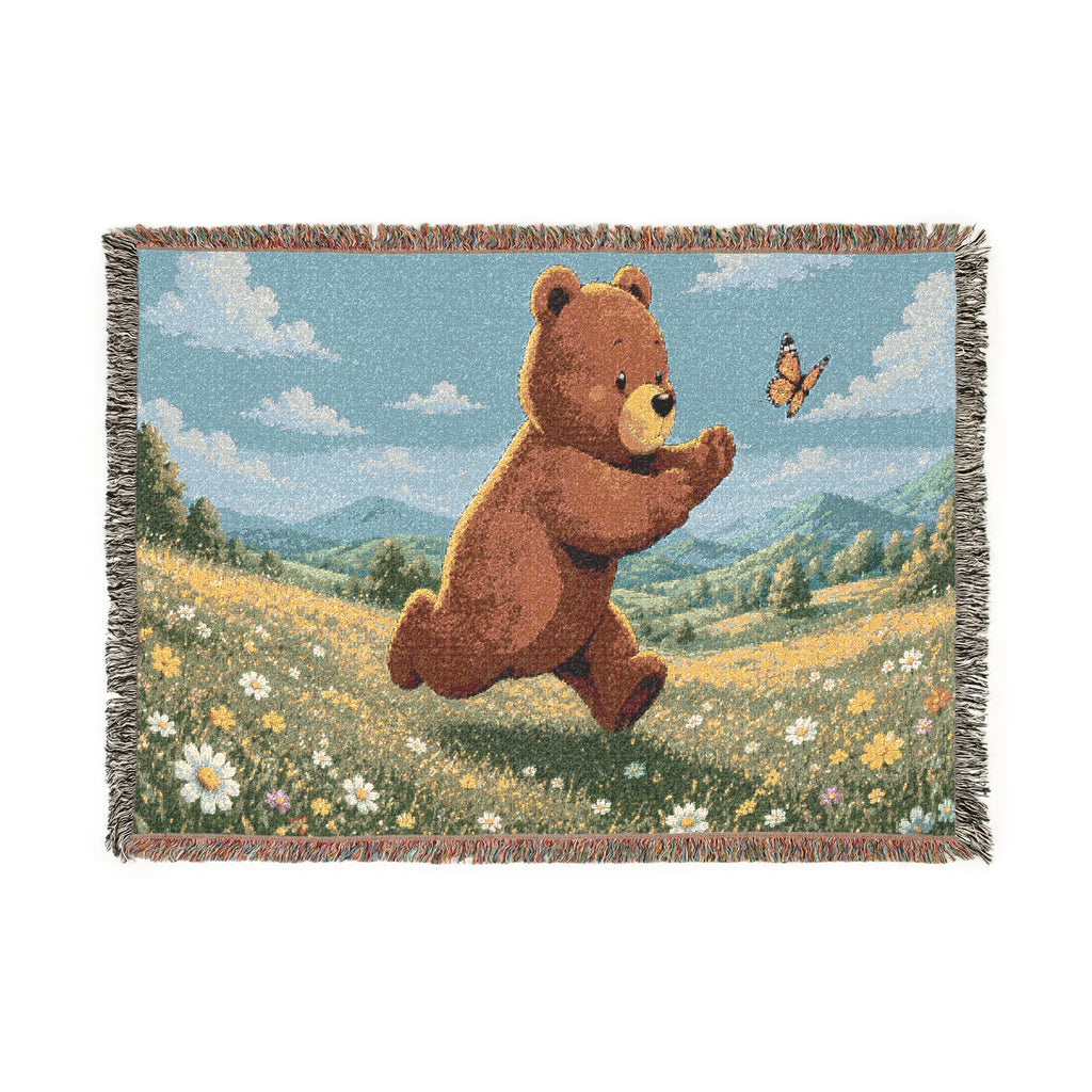 Cozy Bear chasing butterfly Woven Blanket, Scenic Bear Tapestry Blanket, Rustic Cabin Decor, Woodland Bear Gift, Cozy Home Blanket