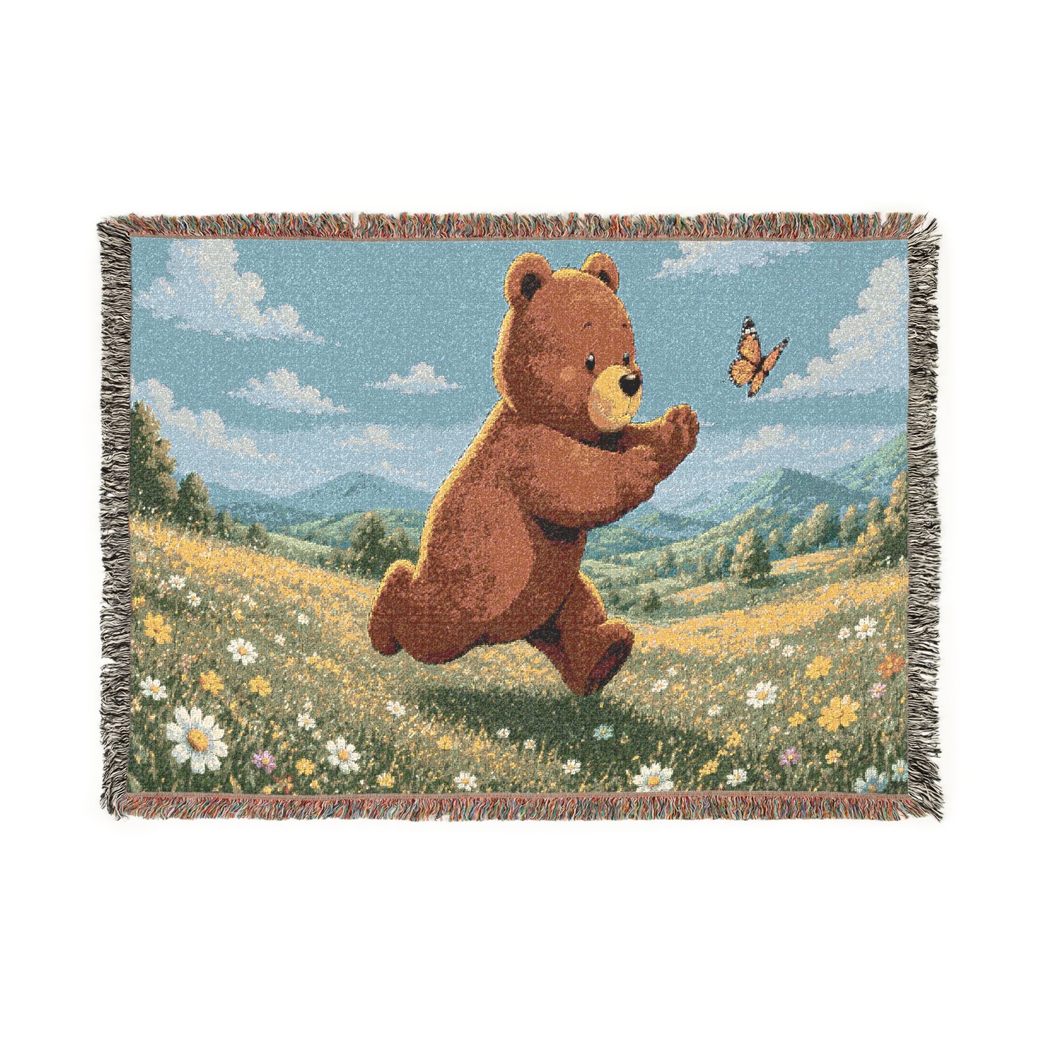 Cozy Bear chasing butterfly Woven Blanket, Scenic Bear Tapestry Blanket, Rustic Cabin Decor, Woodland Bear Gift, Cozy Home Blanket