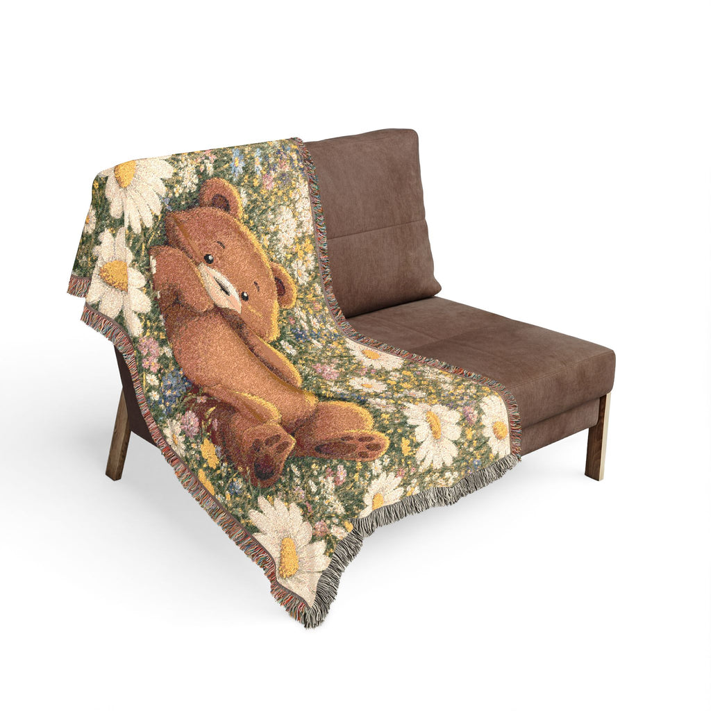Cute Bear Wildflower Woven Blanket, Scenic Bear Tapestry Blanket, Rustic Cabin Decor, Woodland Bear Gift, Cozy Home Blanket