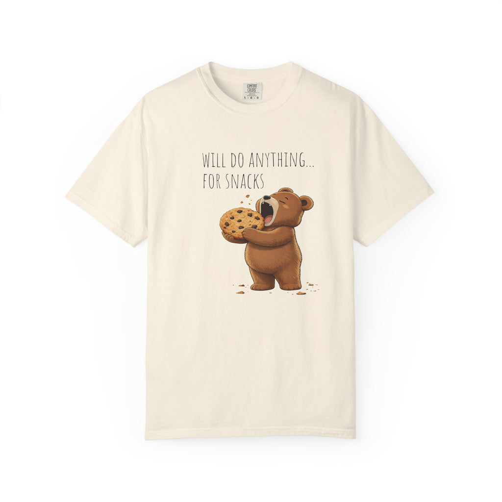 Will Do Anything for Snacks Bear Shirt | Funny Foodie T-Shirt | Cute Bear Graphic Tee | Gift for Snack Lovers