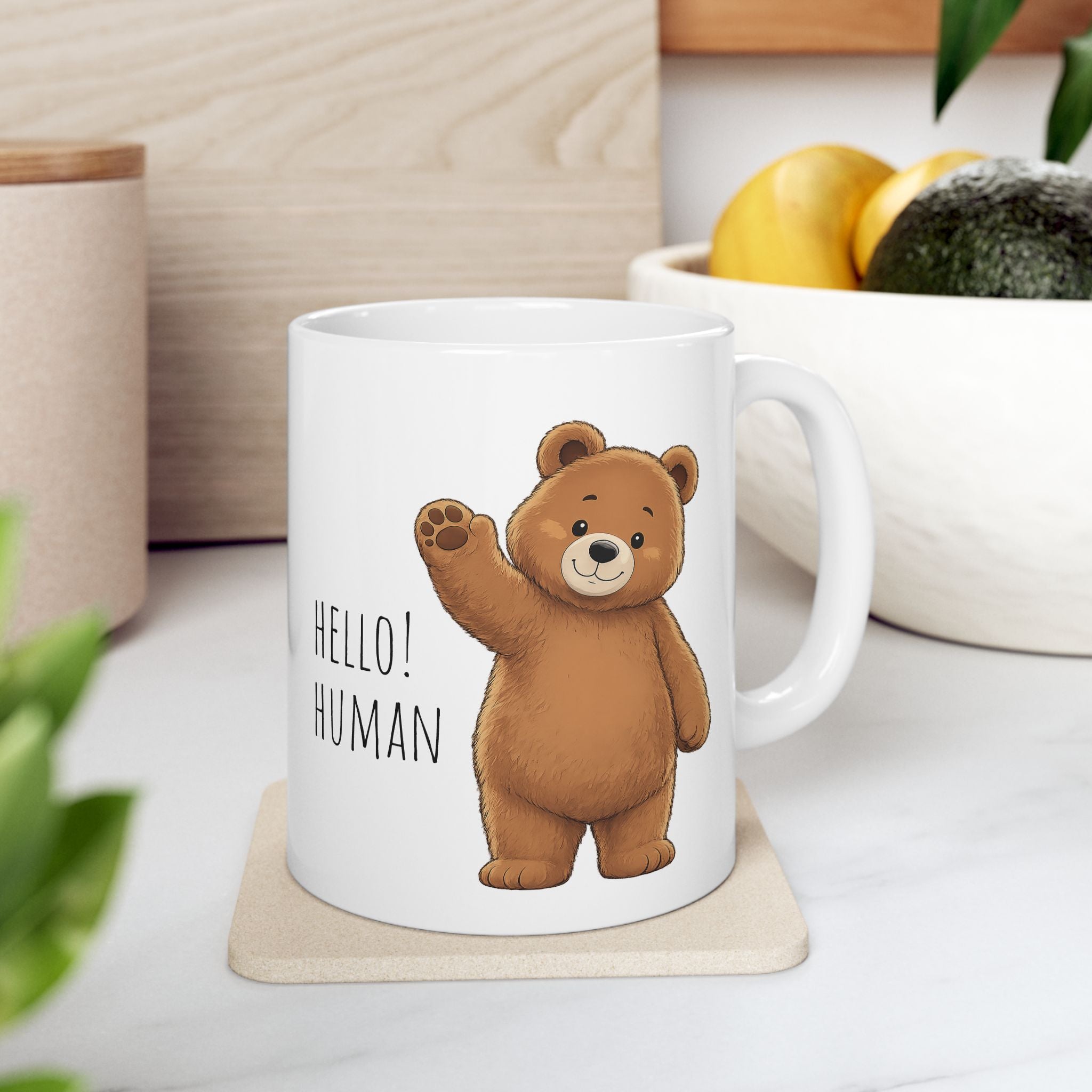 Hello Human Cute Bear Mug | Funny Bear Coffee Mug | Cute Ceramic Mug | Animal Lover Gift | 11oz, 15oz Coffee Cup