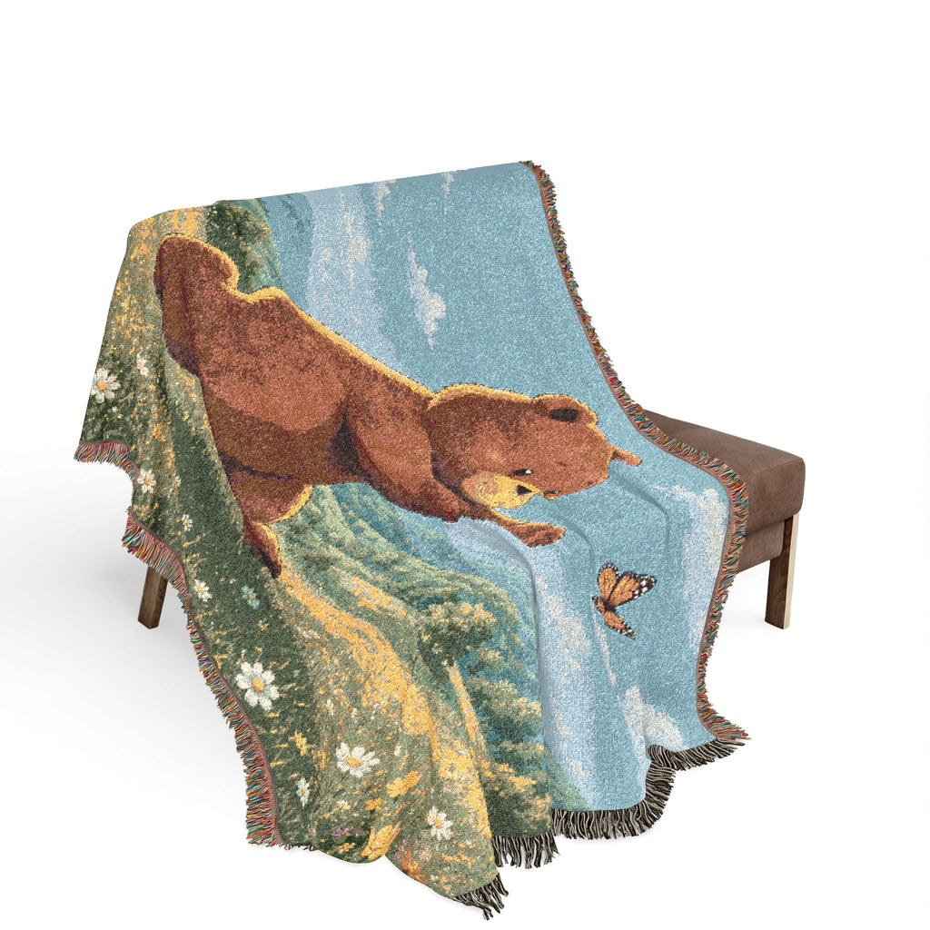 Cozy Bear chasing butterfly Woven Blanket, Scenic Bear Tapestry Blanket, Rustic Cabin Decor, Woodland Bear Gift, Cozy Home Blanket