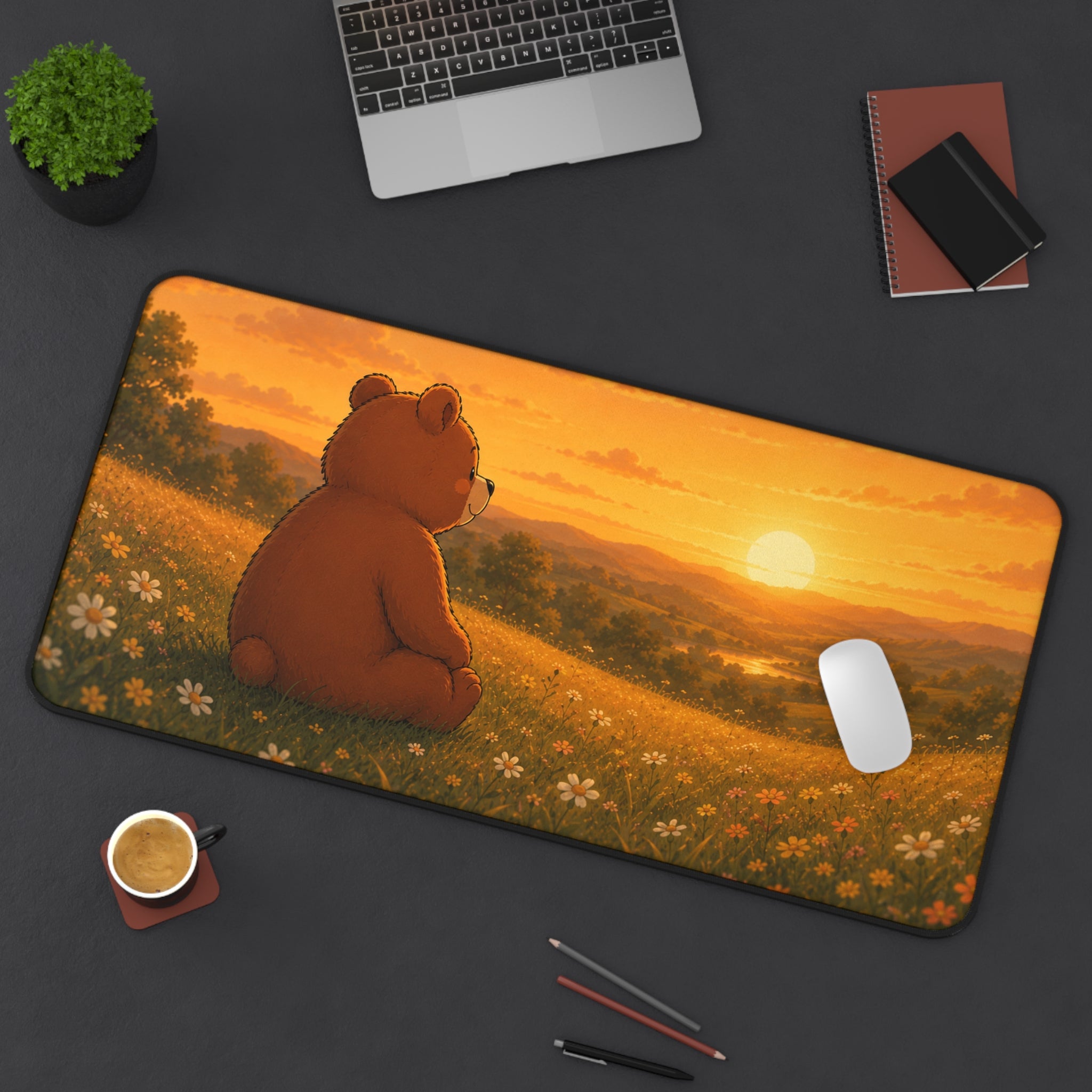 Cute Bear Desk Mat 32x16" | Large Mouse Pad | Cozy Office Desk Decor | Sunset Bear Gaming Mat | Bear Lover Gift
