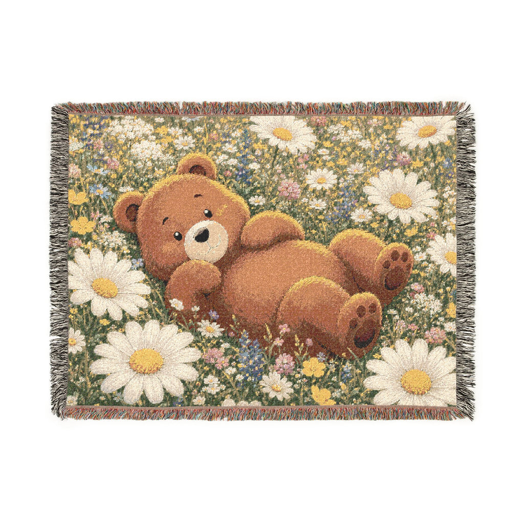 Cute Bear Wildflower Woven Blanket, Scenic Bear Tapestry Blanket, Rustic Cabin Decor, Woodland Bear Gift, Cozy Home Blanket