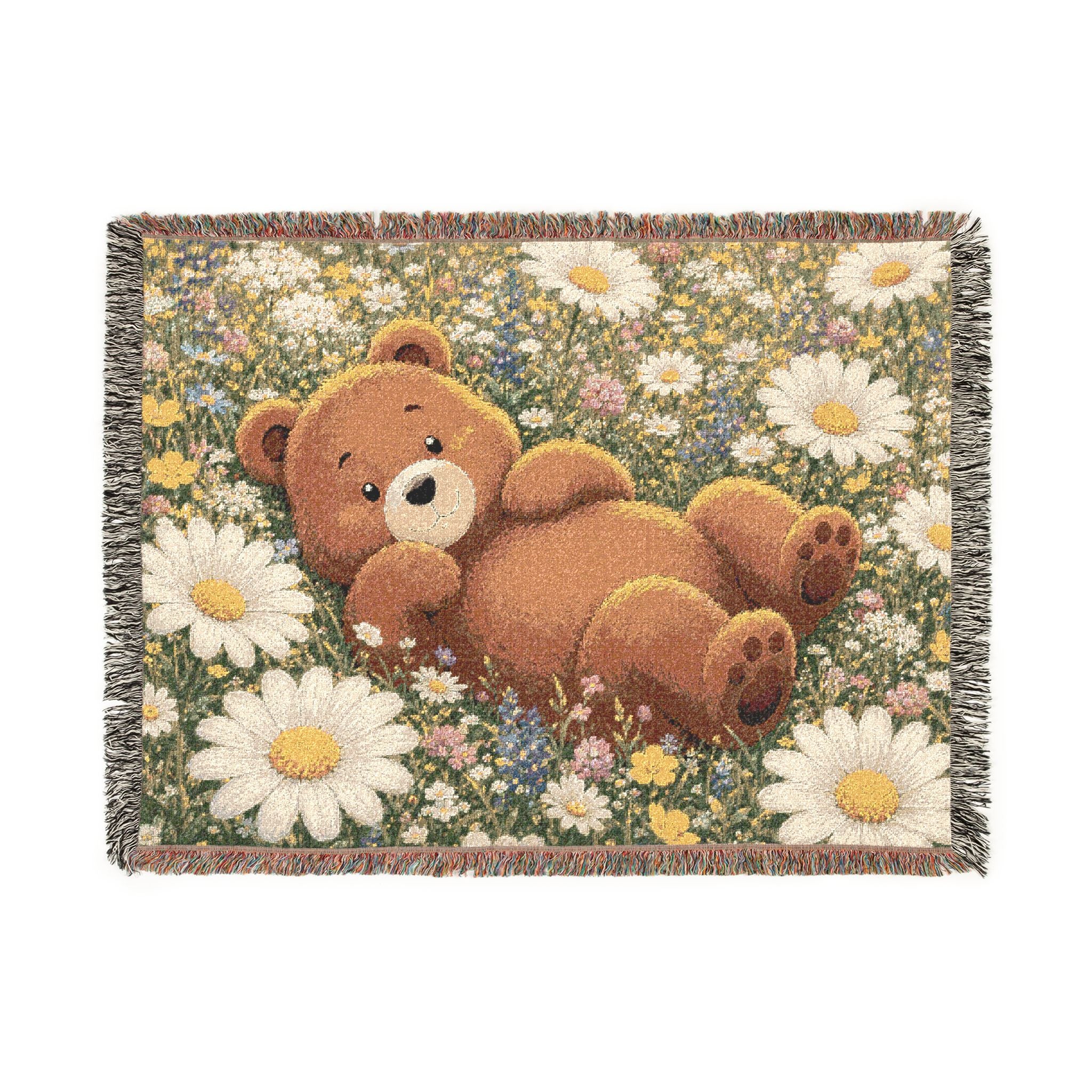 Cute Bear Wildflower Woven Blanket, Scenic Bear Tapestry Blanket, Rustic Cabin Decor, Woodland Bear Gift, Cozy Home Blanket