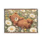 Cute Bear Wildflower Woven Blanket, Scenic Bear Tapestry Blanket, Rustic Cabin Decor, Woodland Bear Gift, Cozy Home Blanket