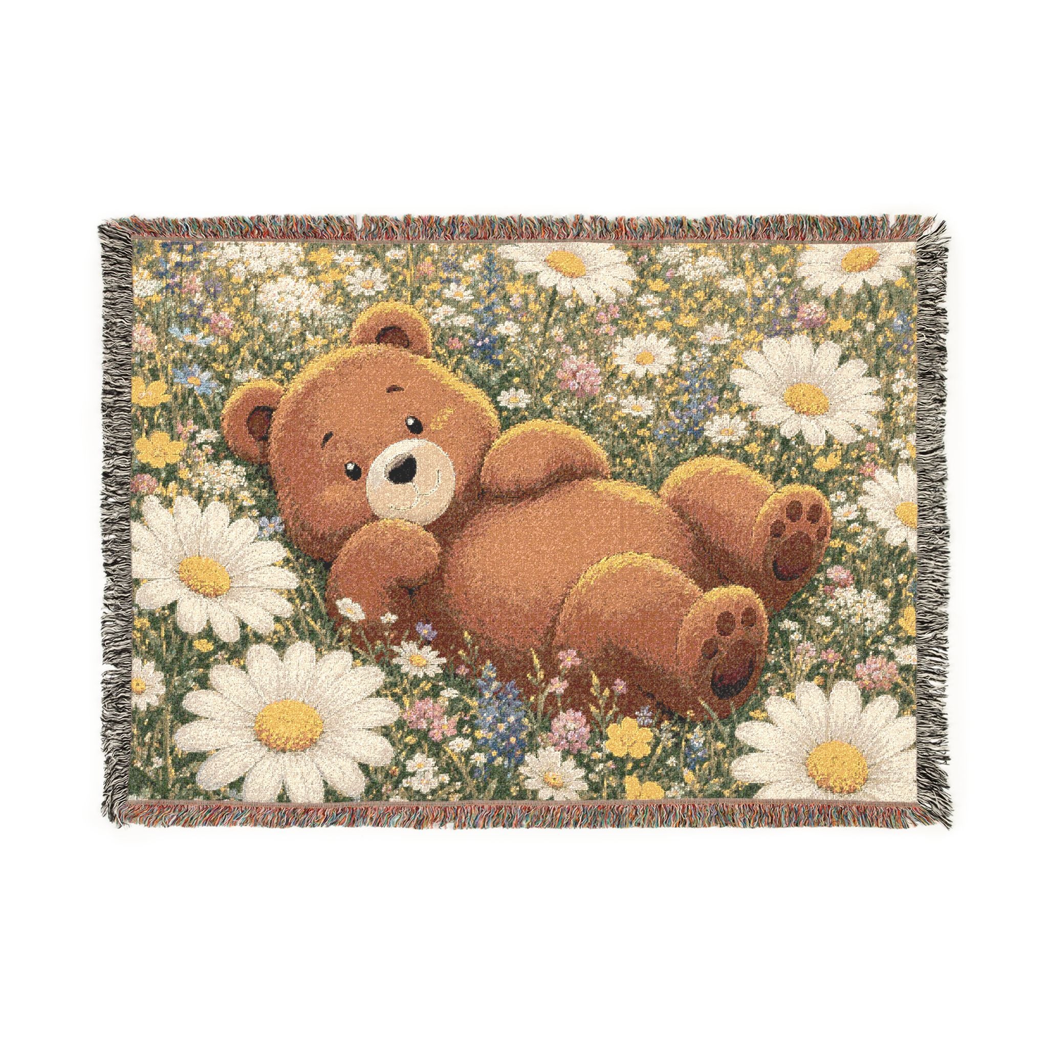 Cute Bear Wildflower Woven Blanket, Scenic Bear Tapestry Blanket, Rustic Cabin Decor, Woodland Bear Gift, Cozy Home Blanket