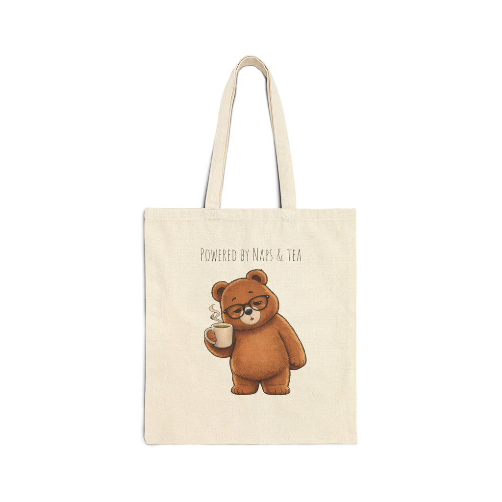 Powered by Naps & Tea Cute Bear Canvas Tote Bag| Funny Teddy Bear Reusable Shopping Bag | Bear Lover Gift |Reusable Shoulder Bag