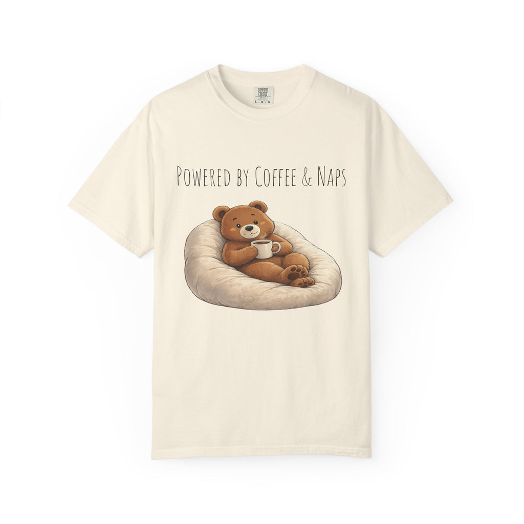 Powered by Coffee & Naps Bear T-Shirt | Cute Cozy Bear Unisex Graphic Tee | Coffee Lover Gift