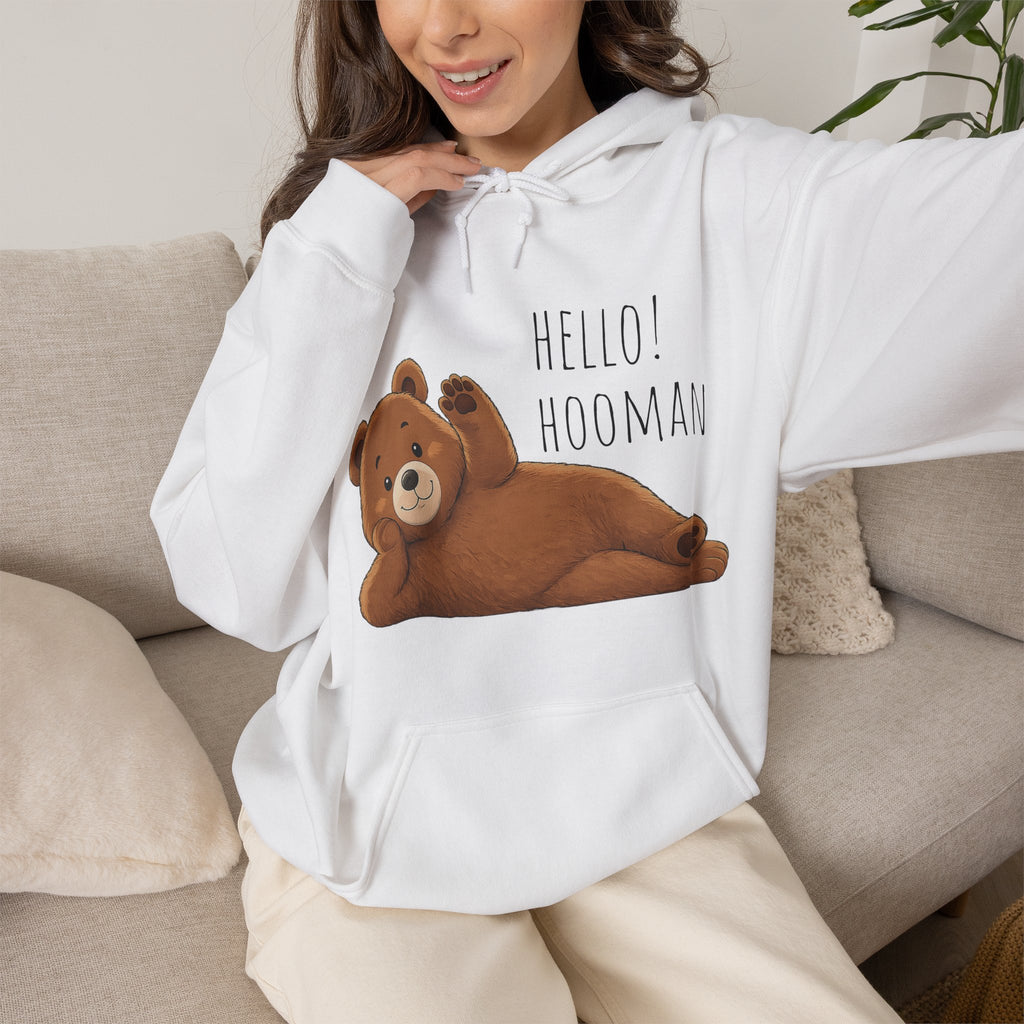 Hello Hooman Bear Hoodie | Cute Bear Graphic Unisex Hoodie | Cozy Animal Lover Gift