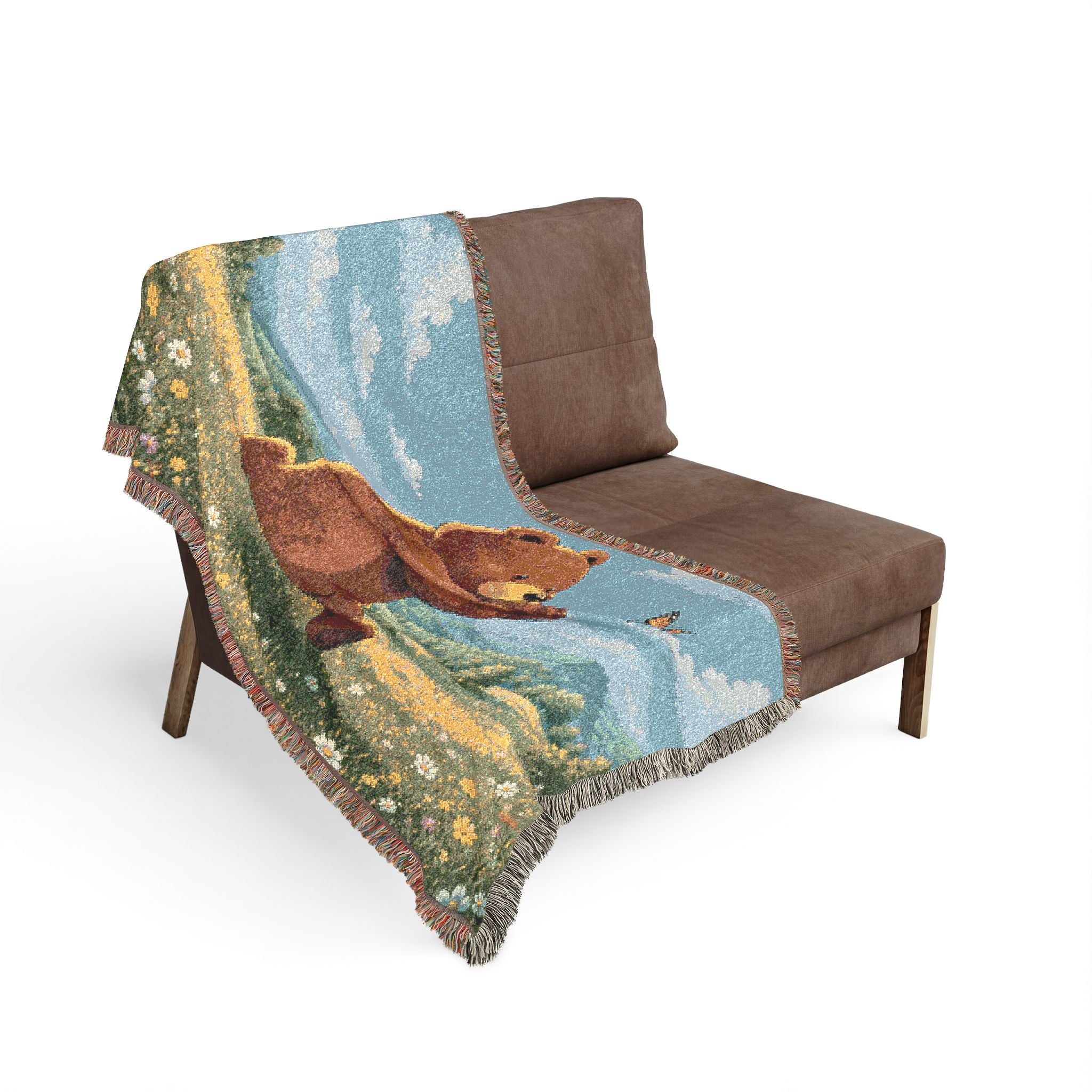 Cozy Bear chasing butterfly Woven Blanket, Scenic Bear Tapestry Blanket, Rustic Cabin Decor, Woodland Bear Gift, Cozy Home Blanket