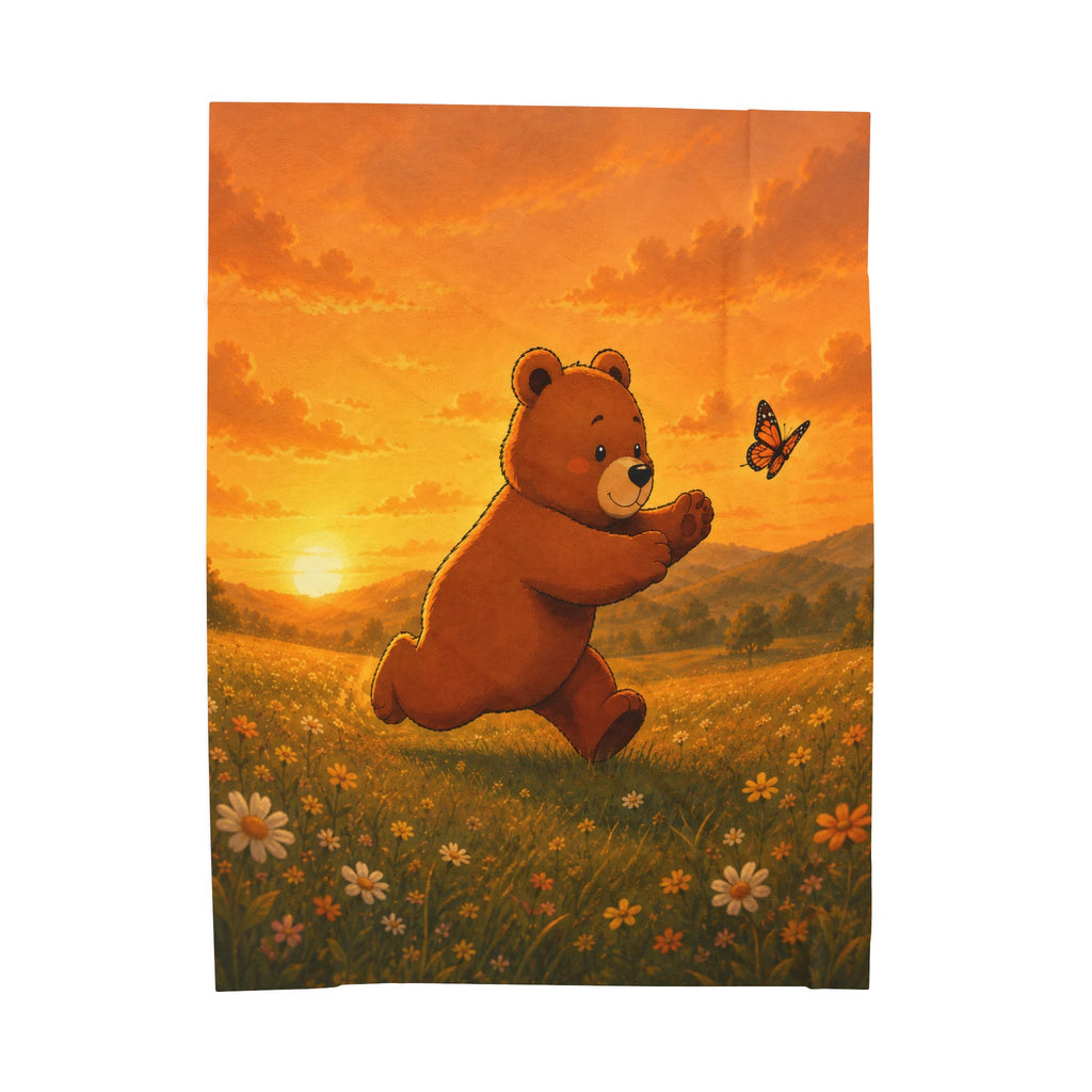 Cute Bear Sunset Meadow Blanket, Cozy Wildflower Throw, Nature Lover Gift