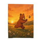Cute Bear Sunset Meadow Blanket, Cozy Wildflower Throw, Nature Lover Gift