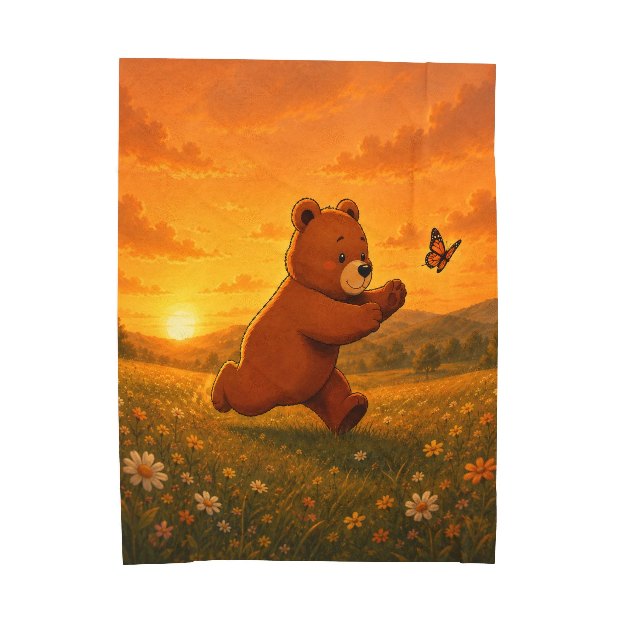 Cute Bear Sunset Meadow Blanket, Cozy Wildflower Throw, Nature Lover Gift