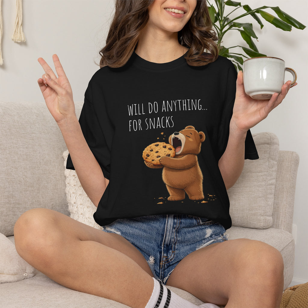 Will Do Anything for Snacks Bear Shirt | Funny Foodie T-Shirt | Cute Bear Graphic Tee | Gift for Snack Lovers