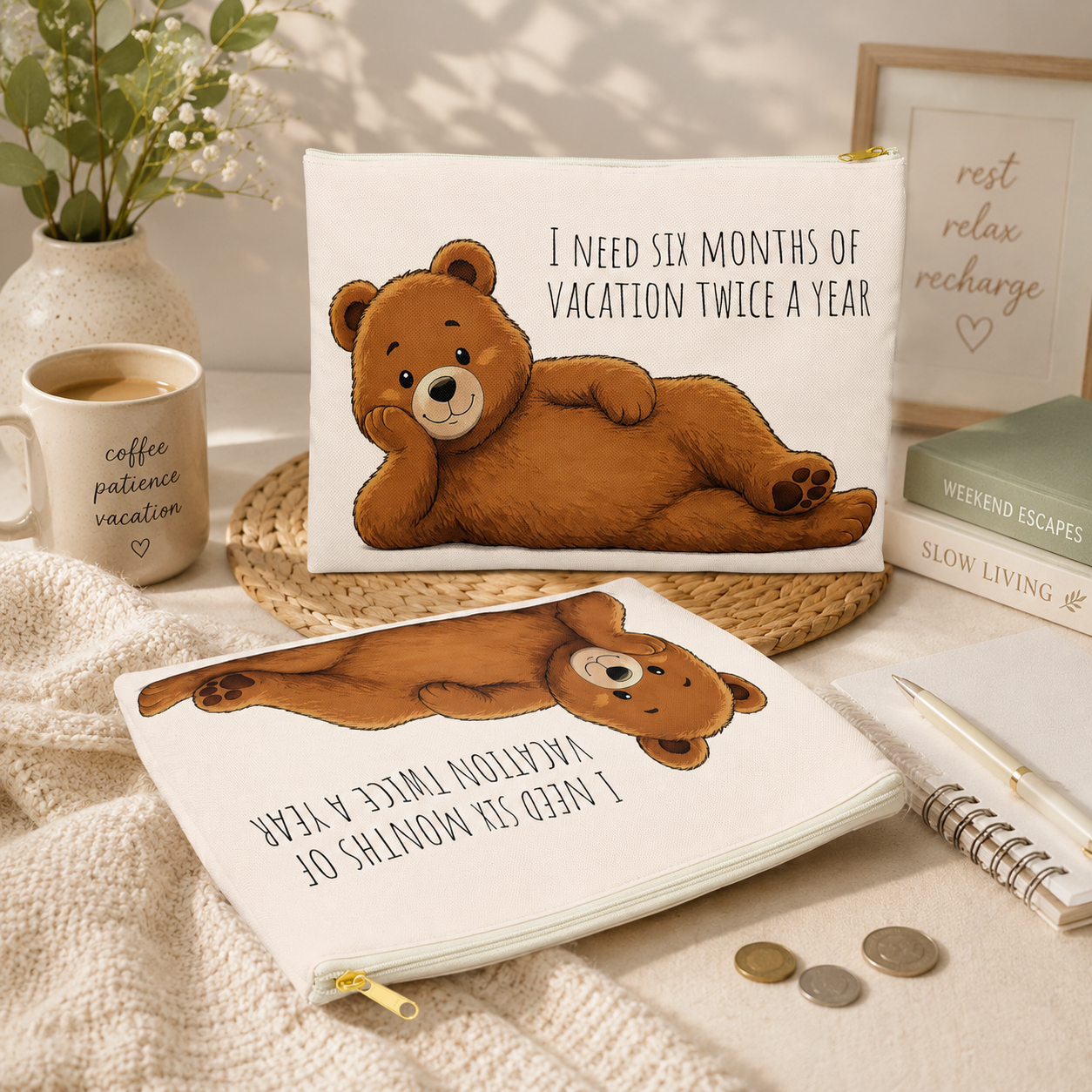 Cute Teddy Bear Makeup Bag, Funny Vacation Quote Cosmetic Pouch, Travel Lover Gift, Bear Zipper Pouch, Toiletry Bag for Women