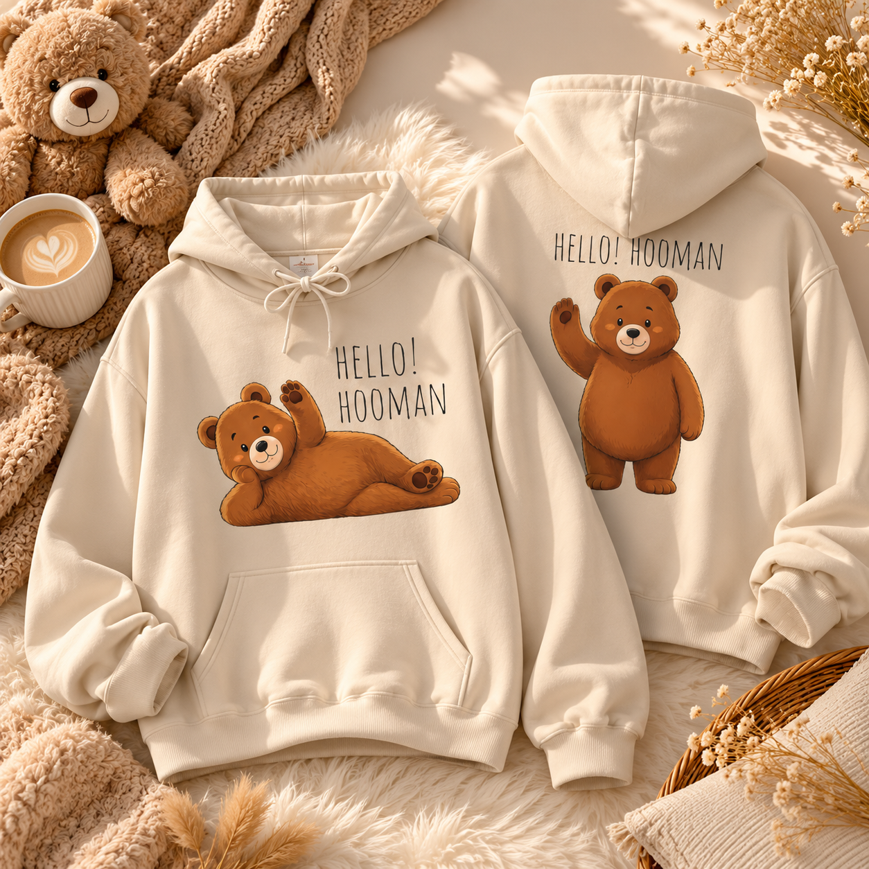 Hello Hooman Bear Hoodie | Cute Bear Graphic Unisex Hoodie | Cozy Animal Lover Gift