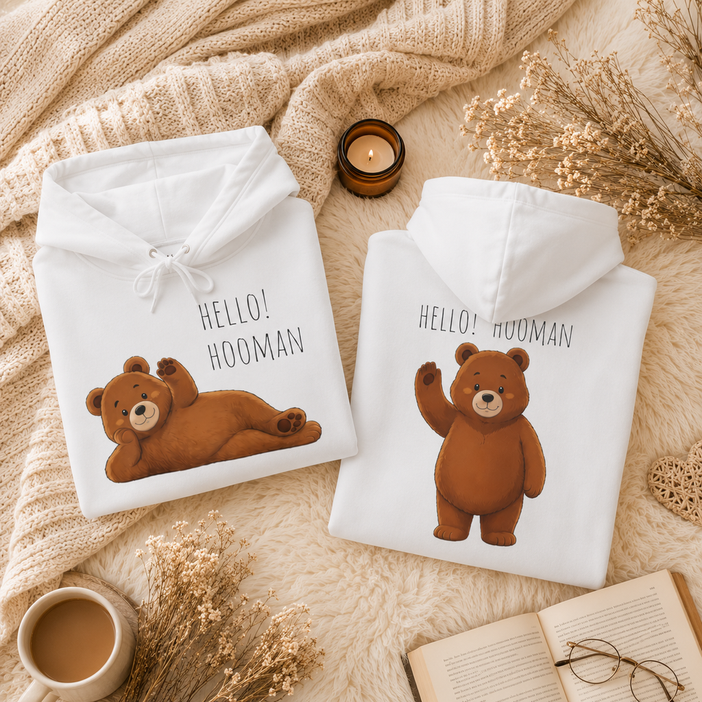 Hello Hooman Bear Hoodie | Cute Bear Graphic Unisex Hoodie | Cozy Animal Lover Gift