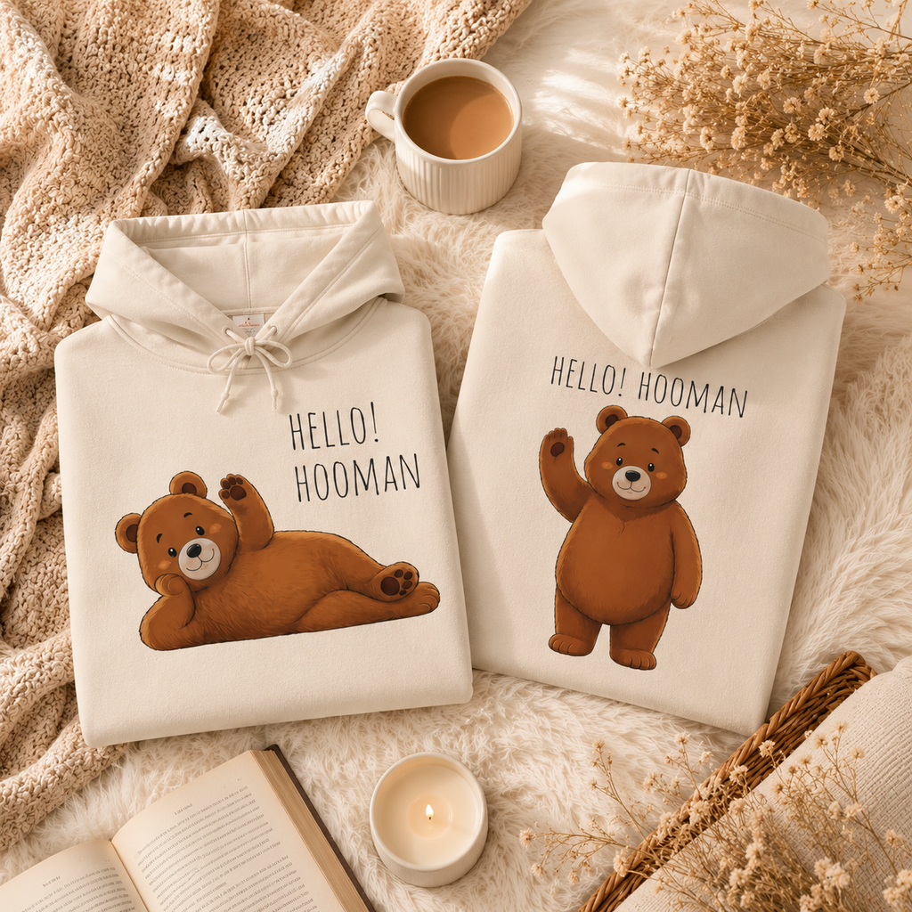Hello Hooman Bear Hoodie | Cute Bear Graphic Unisex Hoodie | Cozy Animal Lover Gift