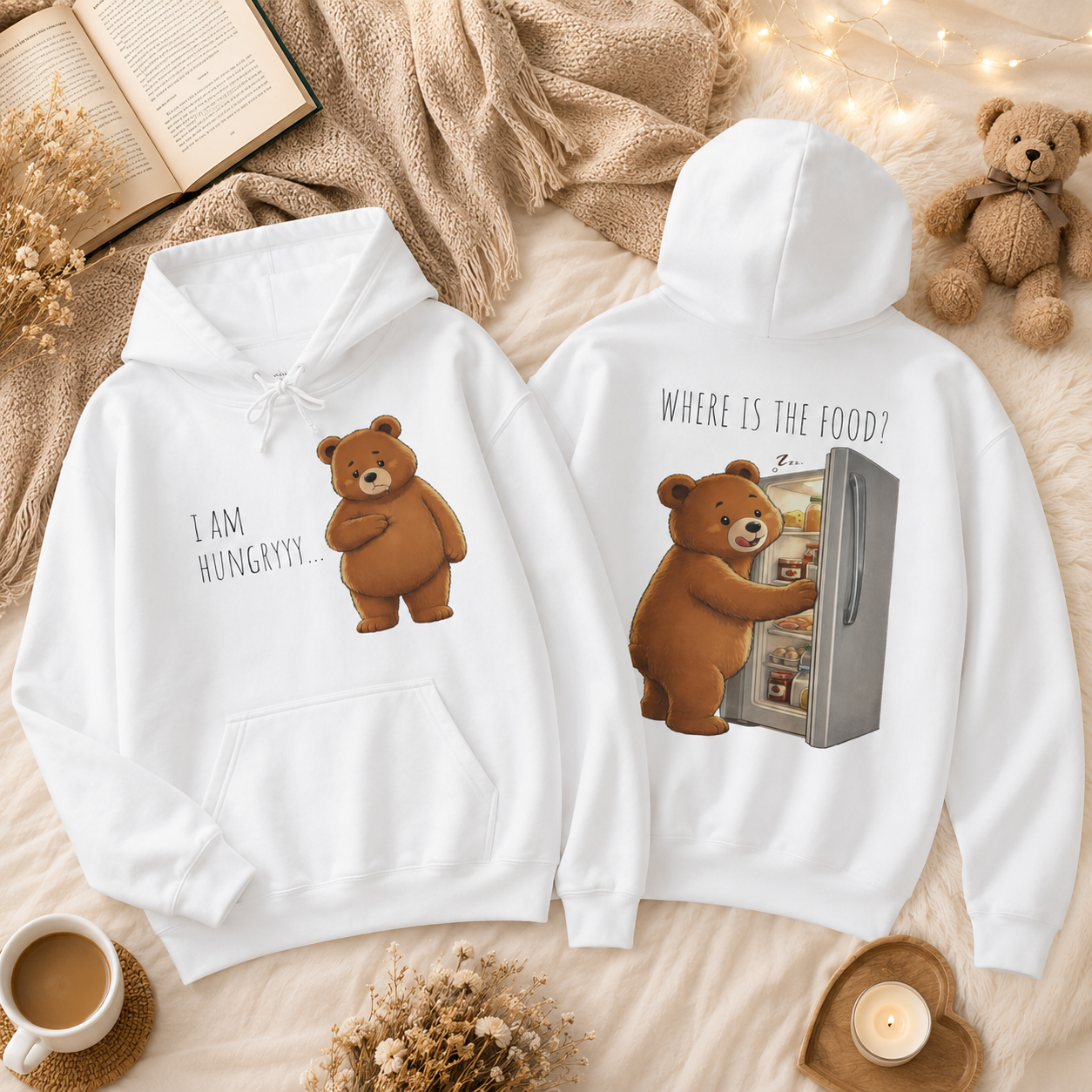 Where Is The Food? Bear Hoodie | Funny Hungry Bear Graphic Hoodie | Cute Foodie Gift | Unisex Cozy Sweatshirt | Front & Back Print