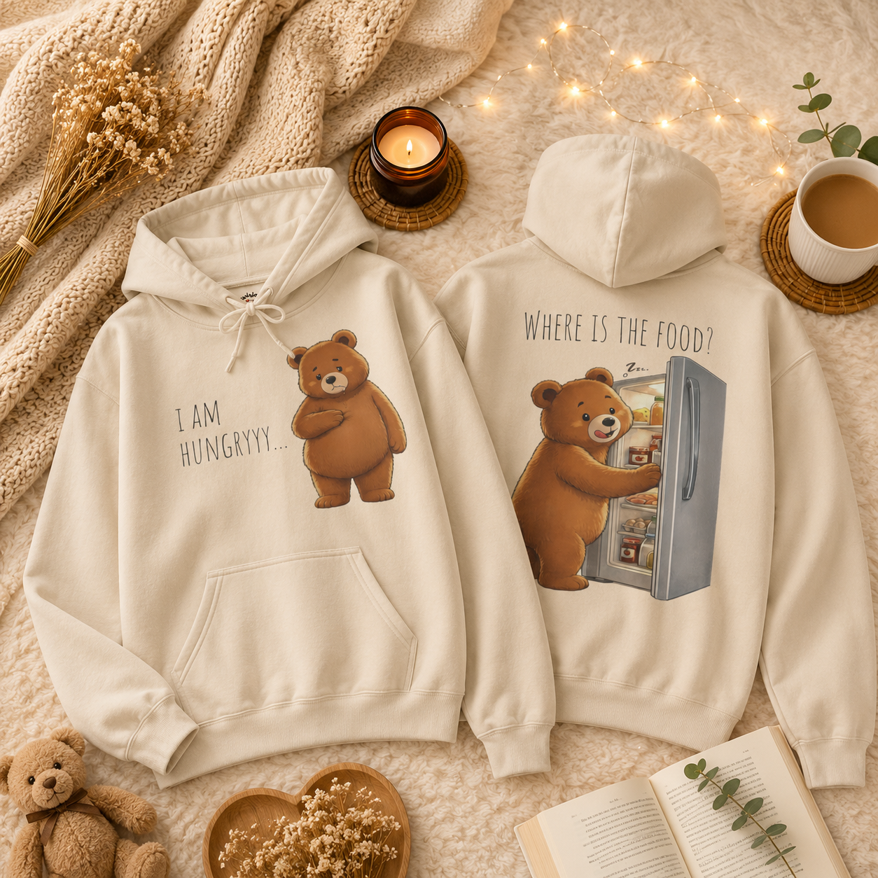 Where Is The Food? Bear Hoodie | Funny Hungry Bear Graphic Hoodie | Cute Foodie Gift | Unisex Cozy Sweatshirt | Front & Back Print