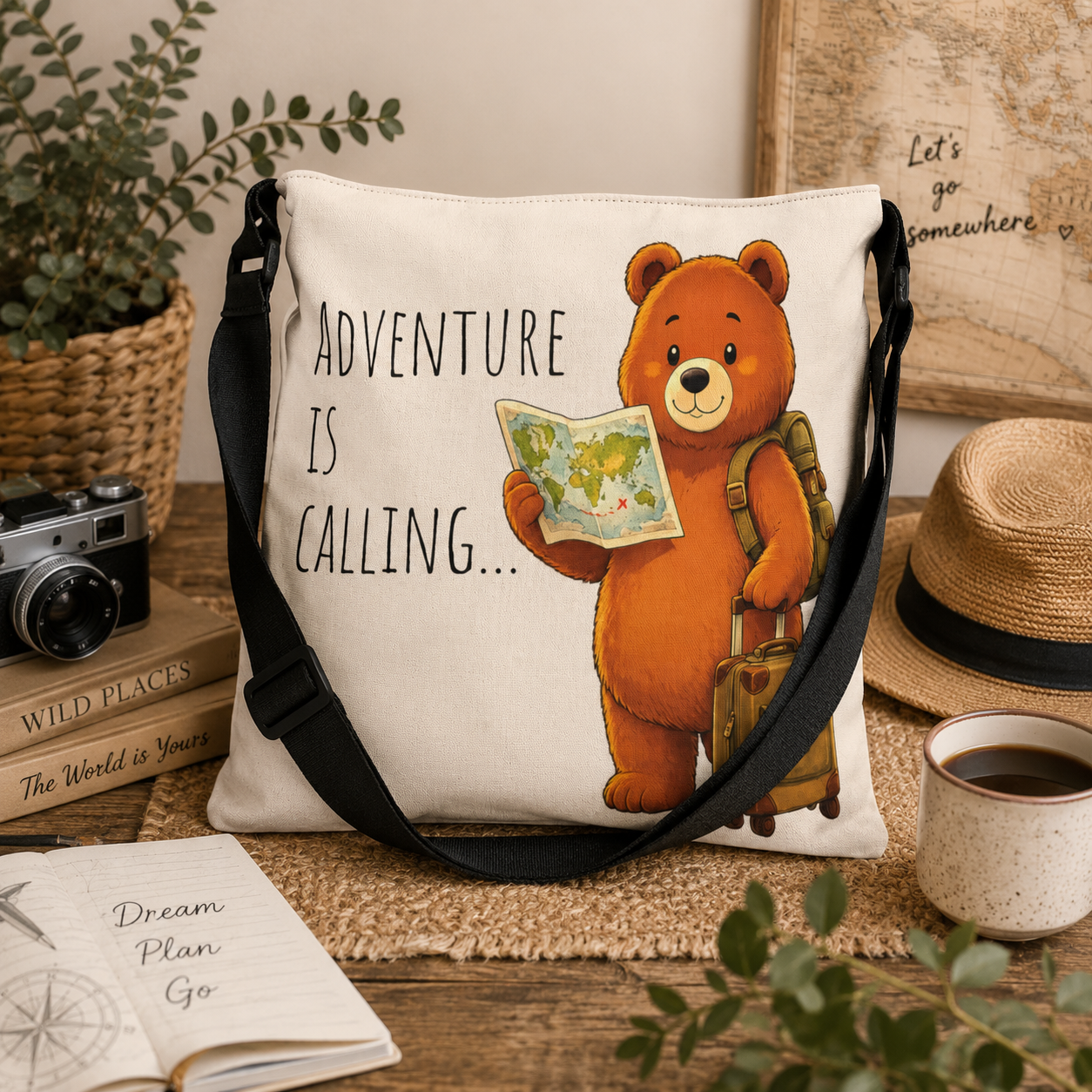 Cute Bear Traveler Adjustable Tote Bag | Bear Backpacking Illustration