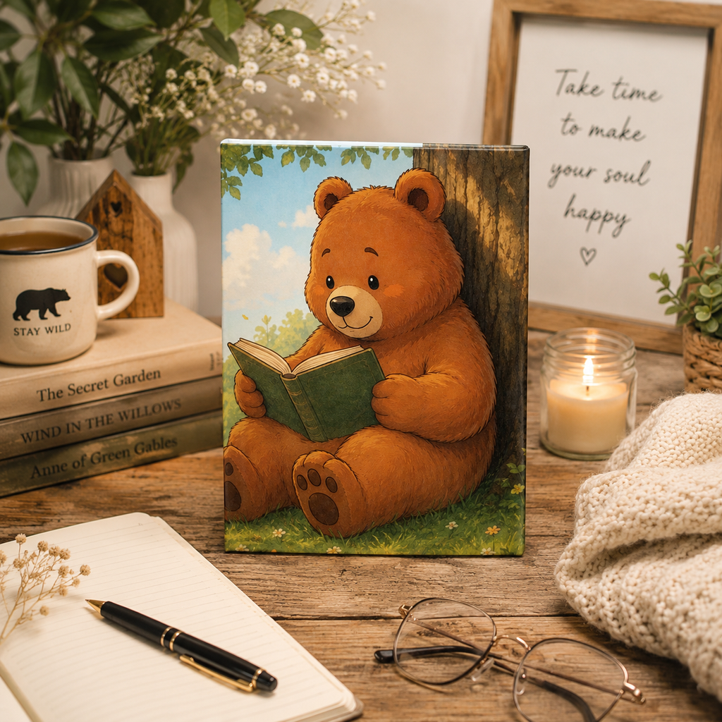 Cute Reading Bear Hardcover Journal | Ruled Line Notebook for Book Lovers | Woodland Bear Writing Journal