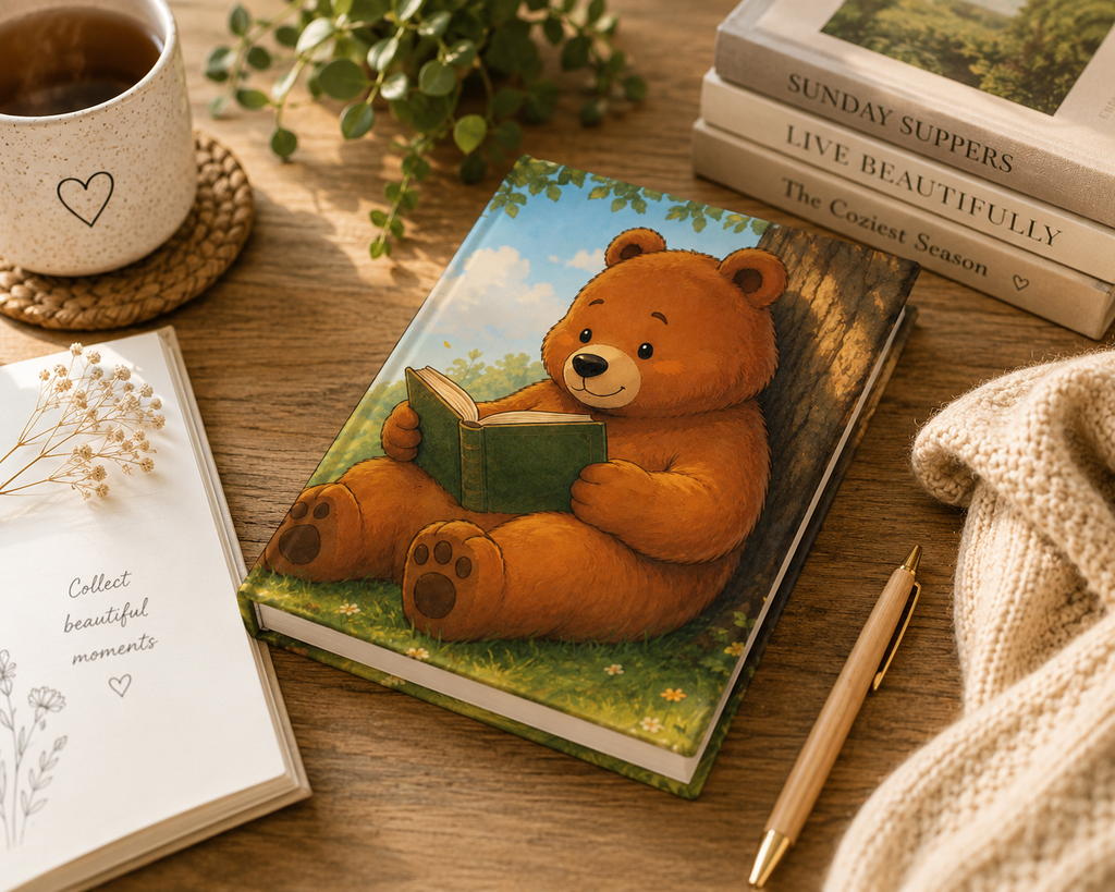Cute Reading Bear Hardcover Journal | Ruled Line Notebook for Book Lovers | Woodland Bear Writing Journal