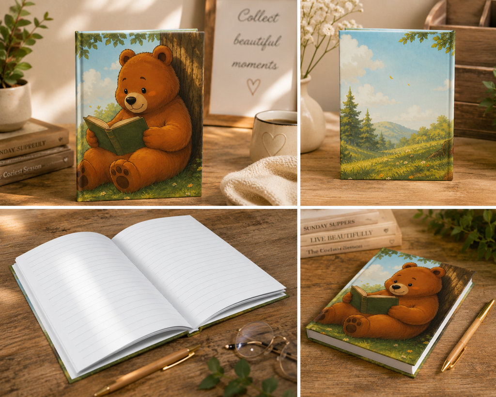 Cute Reading Bear Hardcover Journal | Ruled Line Notebook for Book Lovers | Woodland Bear Writing Journal