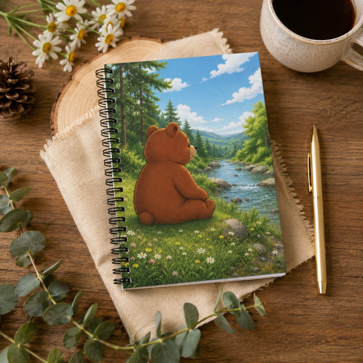 Cute Bear Nature Journal, Woodland Bear Spiral Notebook, Forest River Writing Journal, Notebook Gift