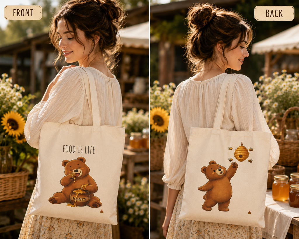 Food Is Life Cute Bear Tote Bag | Honey Bear Cotton Canvas Tote | Reusable Shopping Bag | Cute Foodie Gift