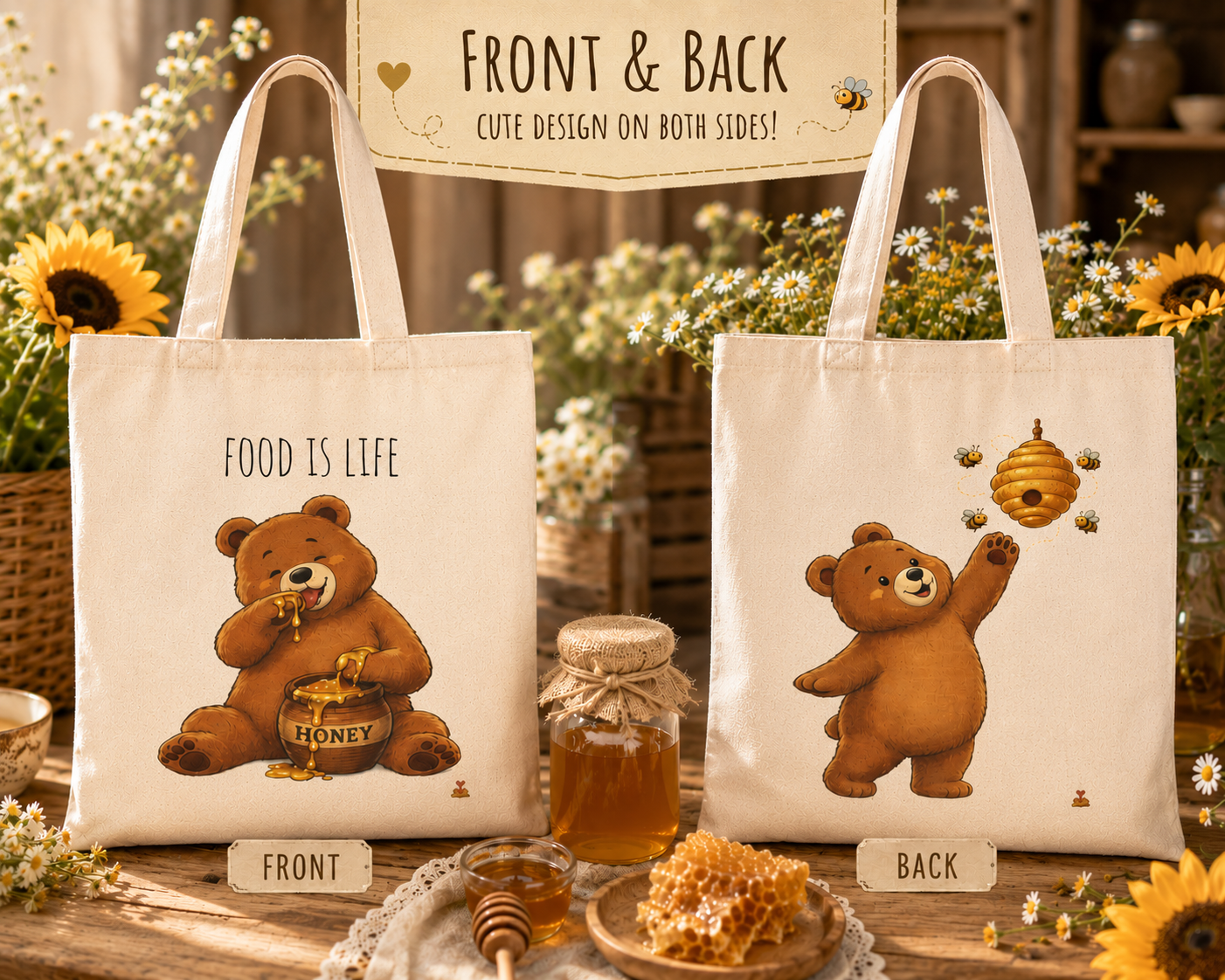 Food Is Life Cute Bear Tote Bag | Honey Bear Cotton Canvas Tote | Reusable Shopping Bag | Cute Foodie Gift