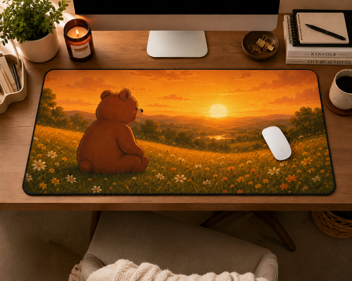 Cute Bear Desk Mat 32x16" | Large Mouse Pad | Cozy Office Desk Decor | Sunset Bear Gaming Mat | Bear Lover Gift