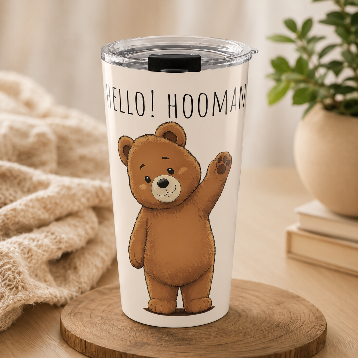 Cute Bear Tumbler 20oz | Hello Hooman Travel Mug | Insulated Stainless Steel Cup | Bear Lover Gift