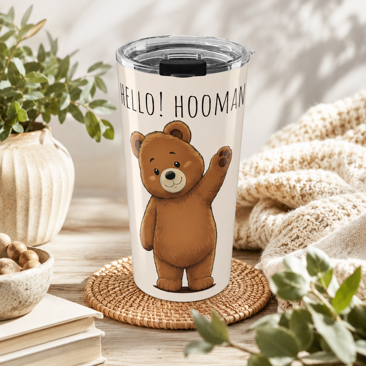Cute Bear Tumbler 20oz | Hello Hooman Travel Mug | Insulated Stainless Steel Cup | Bear Lover Gift
