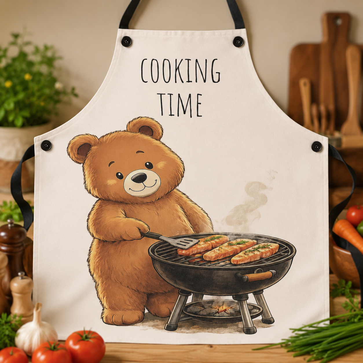 Cute Bear Cooking Apron | Cooking Time Kitchen Apron | Funny BBQ & Baking Apron | Gift for Home Cooks | Bear Lover Gift