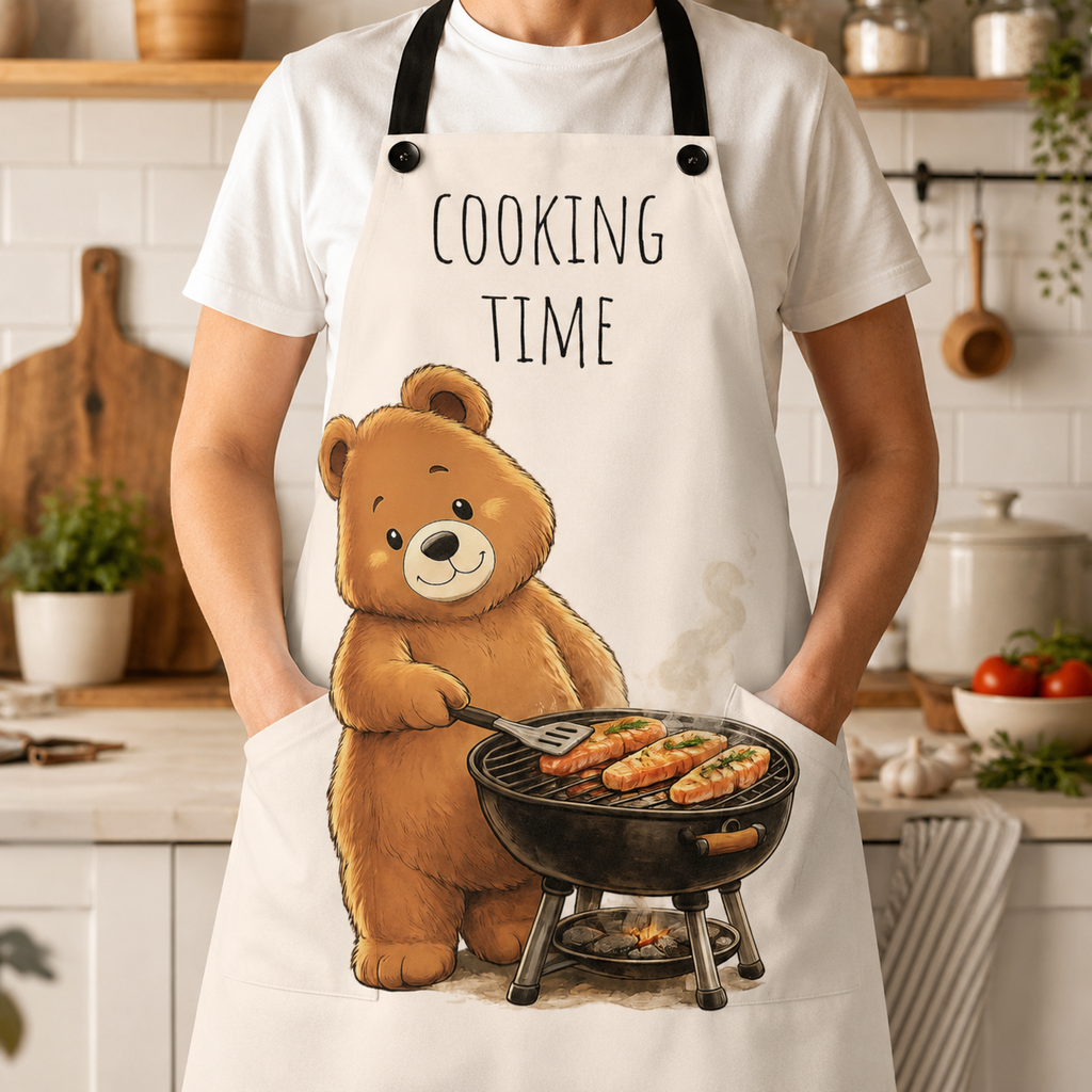 Cute Bear Cooking Apron | Cooking Time Kitchen Apron | Funny BBQ & Baking Apron | Gift for Home Cooks | Bear Lover Gift