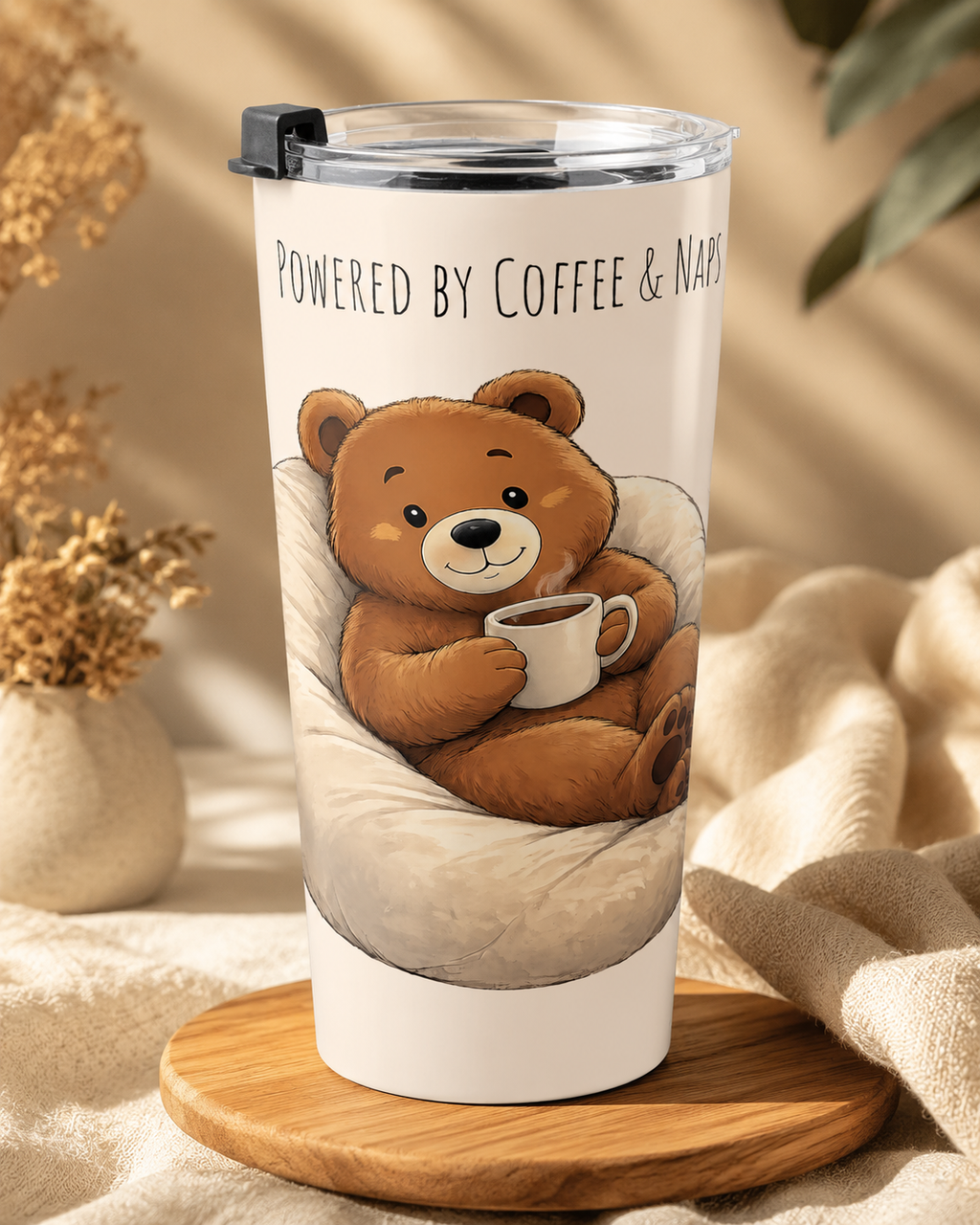 Cute Bear Coffee Tumbler 20oz | Powered by Coffee & Naps Travel Mug | Cozy Bear Gift for Coffee Lovers
