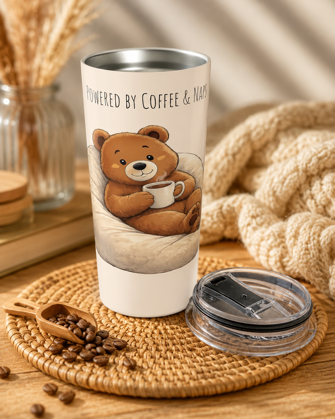 Cute Bear Coffee Tumbler 20oz | Powered by Coffee & Naps Travel Mug | Cozy Bear Gift for Coffee Lovers