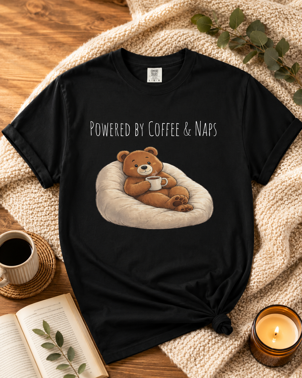 Powered by Coffee & Naps Bear T-Shirt | Cute Cozy Bear Unisex Graphic Tee | Coffee Lover Gift