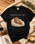 Powered by Coffee & Naps Bear T-Shirt | Cute Cozy Bear Unisex Graphic Tee | Coffee Lover Gift